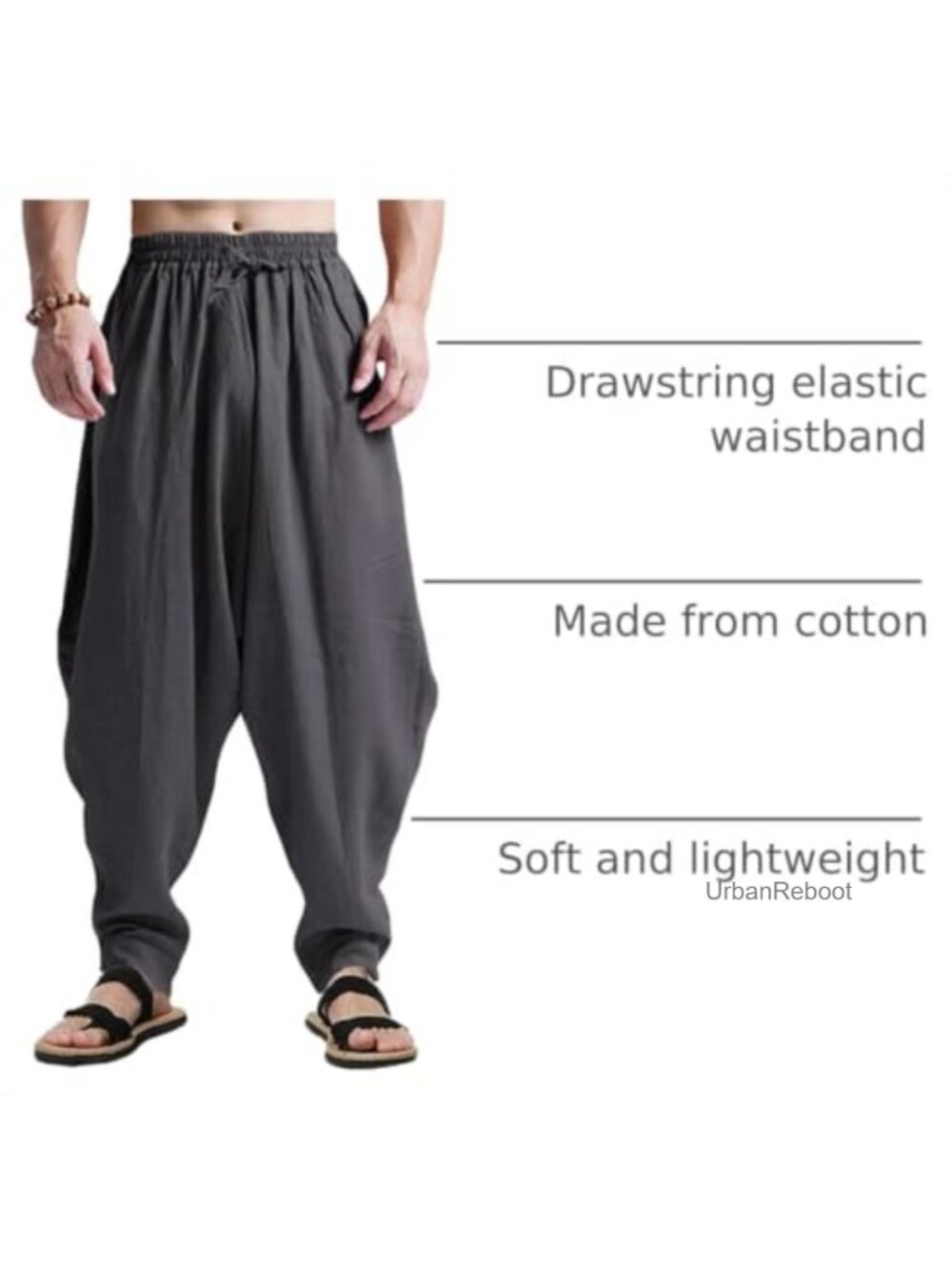 Men's Cotton Harem Pants Loose Drop Crotch Hippie Trouser Drawstring - Picture 3 of 4